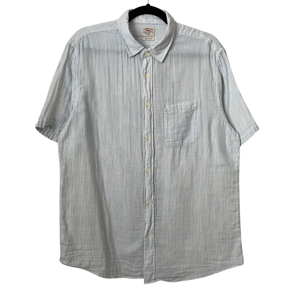 Faherty Shirt Mens Medium Blue White Striped Organic Cotton‎ Button Up Beach